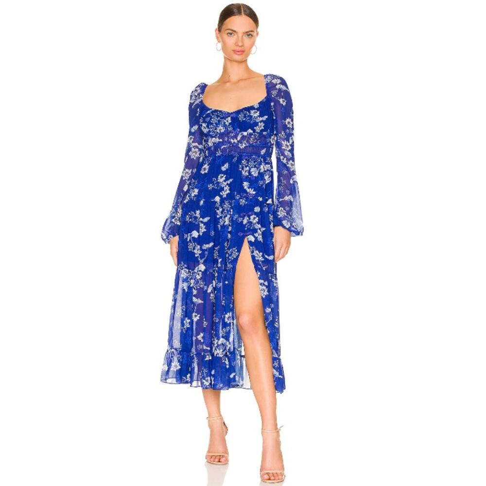 Sau Lee Gianna Dress Floral Print V-neck Long Sleeves‎ Midi Women's Size 2 Blue